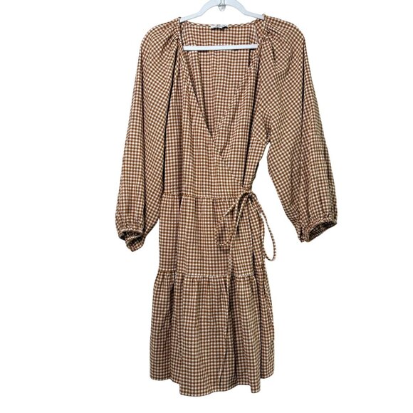 Madewell Gingham Puff Sleeve Wrap Dress Size XXL 2XL Golden Pecan Pockets NE793 - Picture 1 of 13